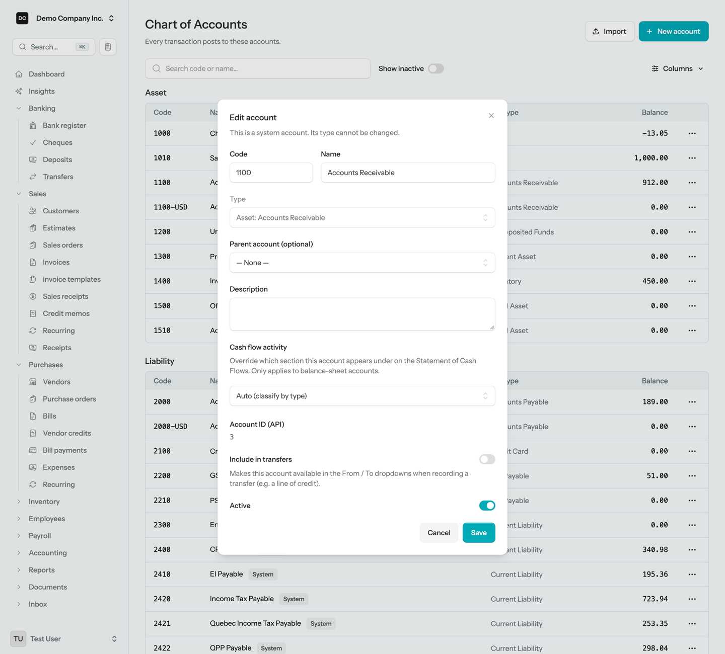 The Edit account dialog for the Accounts Receivable system account, with the note “This is a system account. Its type cannot be changed.” under the heading, the Code and Name fields editable, the Type dropdown disabled, and the Account ID (API) and Active switch near the bottom