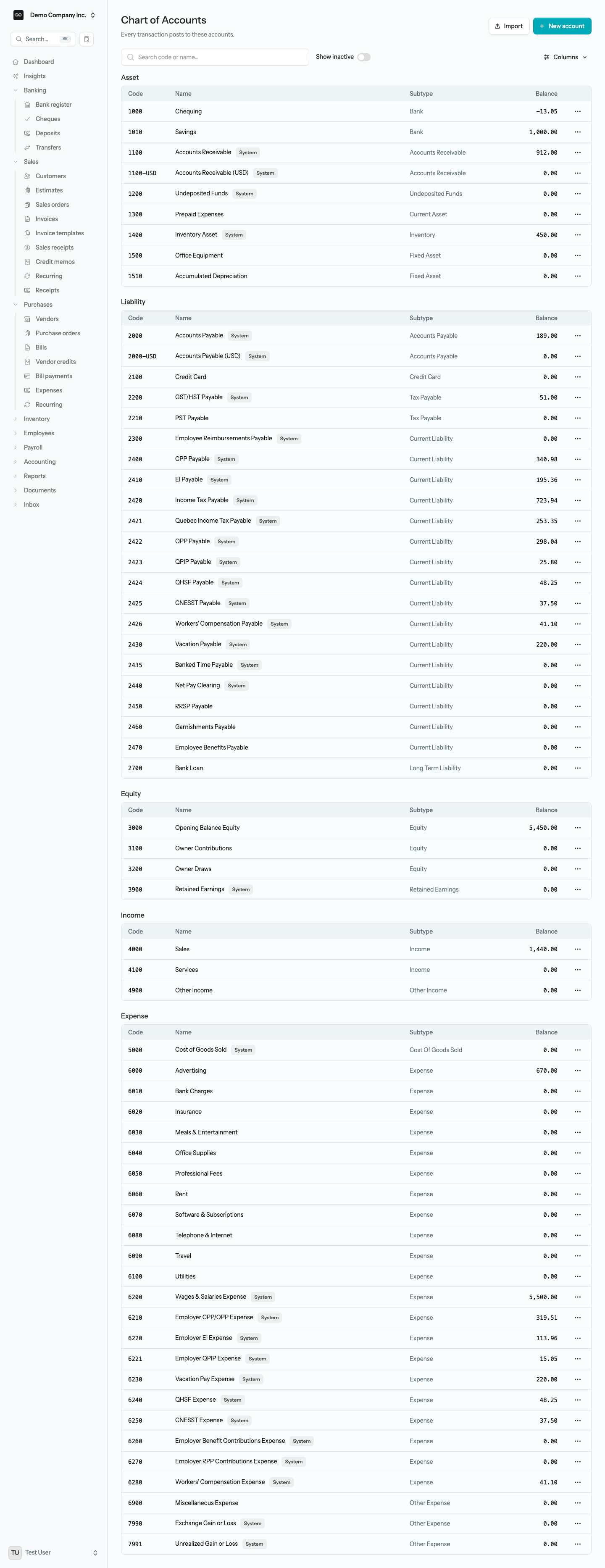 The Chart of Accounts list grouped into Asset, Liability, Equity, Income, and Expense sections, with the search box, Show inactive switch, Columns menu, Import, and New account controls above it