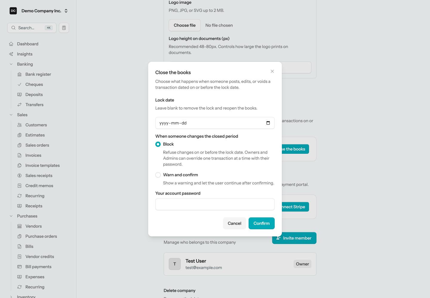 The Close the books dialog in organization settings with a Lock date field, the Block and Warn and confirm choices, a Your account password field, and a Confirm button