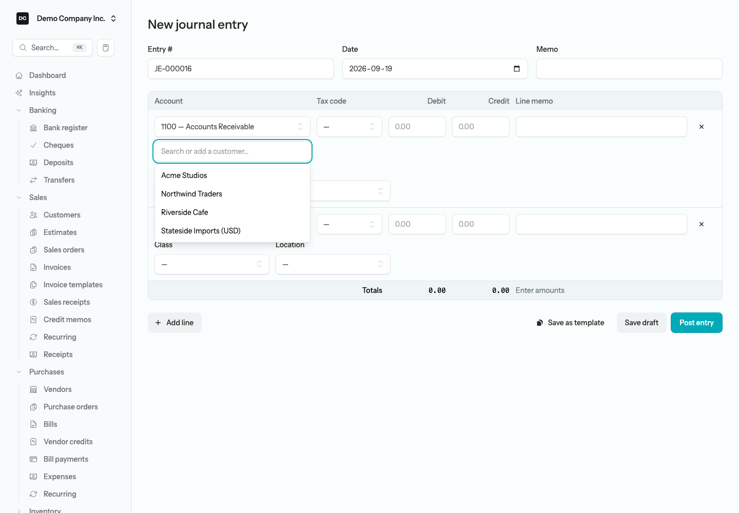 A journal entry line coded to Accounts Receivable with the Search or add a customer box open beneath the account picker