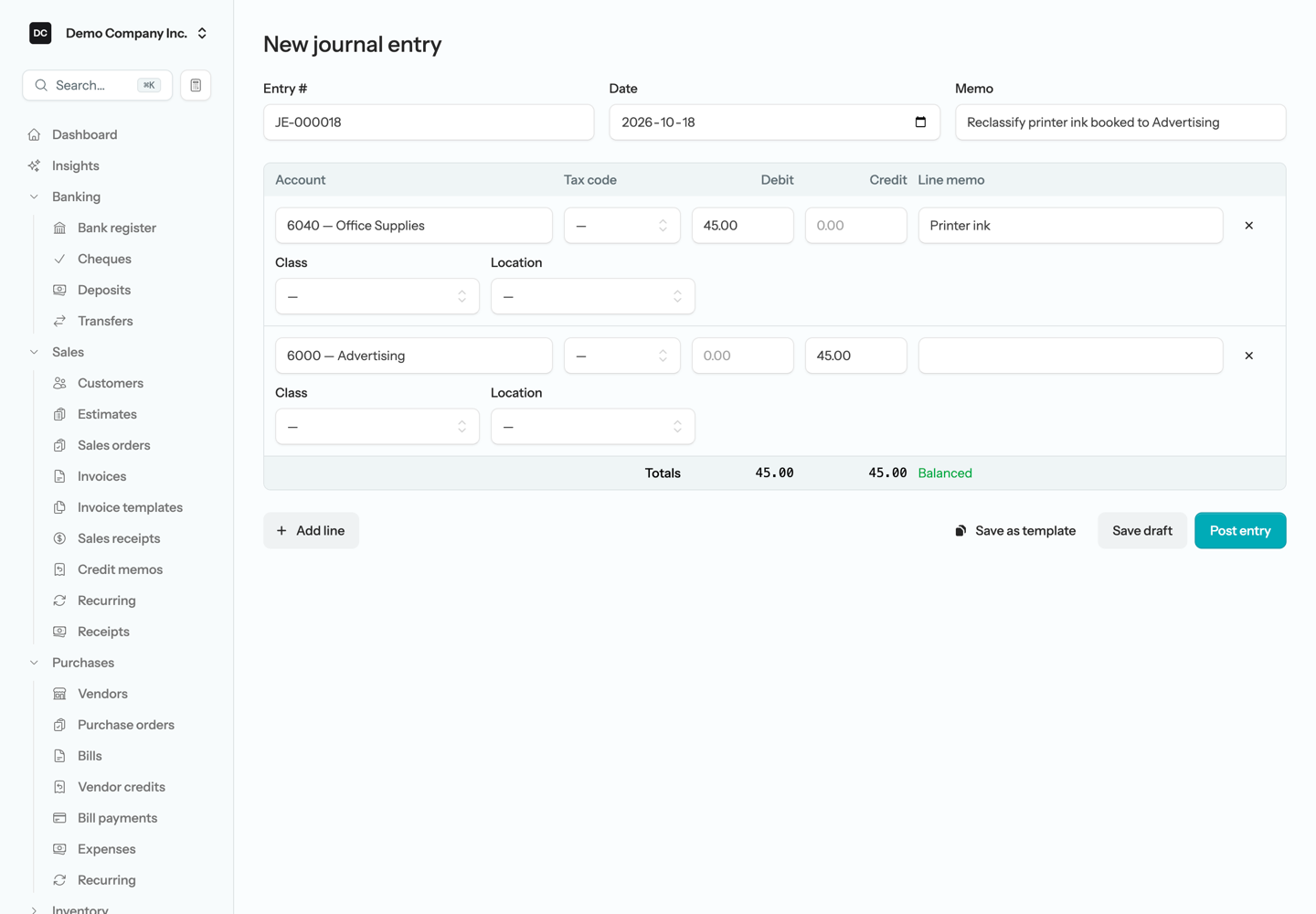 The New journal entry form with Entry #, Date, and Memo filled in, two account lines under Account, Tax code, Debit, Credit, and Line memo columns, and a Totals row reading Balanced