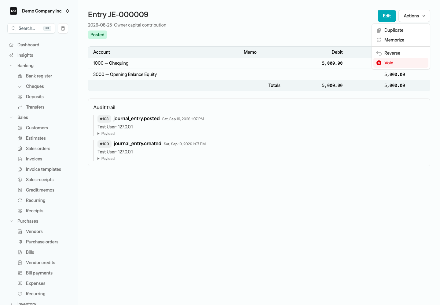 A posted manual journal entry with no Source badge, its Actions menu open showing Duplicate, Memorize, Reverse, and Void