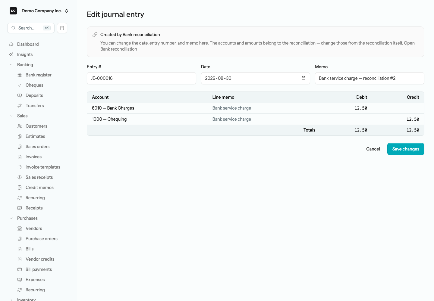 The Edit journal entry form for a reconciliation adjustment, with a Created by Bank reconciliation notice and Open Bank reconciliation link, editable Entry #, Date, and Memo fields, and a read-only line table