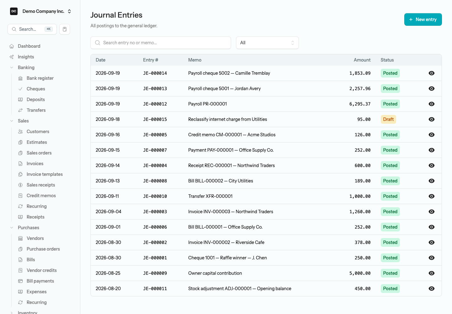 The Journal Entries list with the search box and status filter above dated, numbered rows showing memo, amount, and a Posted or Draft badge