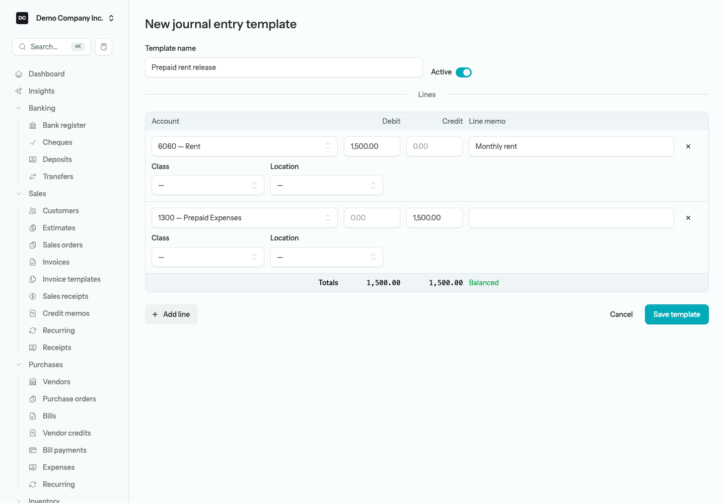 The New journal entry template form with a Template name field, an Active switch, and a grid of lines with Account, Debit, Credit, and Line memo columns