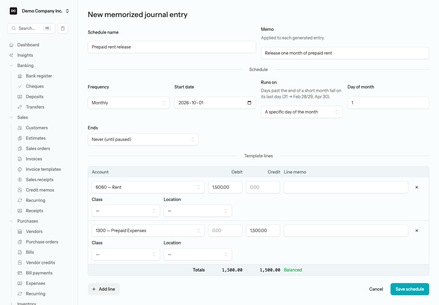 The New memorized journal entry form showing the Schedule block with Frequency, Start date, Runs on, and Ends fields above the Template lines grid