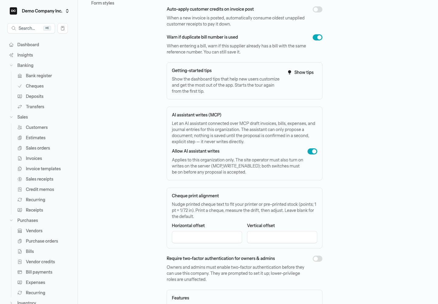 The AI assistant writes (MCP) box on the organization settings page with the Allow AI assistant writes switch turned on