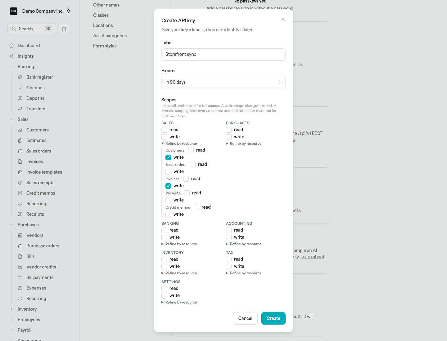 The Create API key dialog with a Label, the Expires select, and the Scopes grid with the Sales domain's Refine by resource disclosure expanded to show per-resource read and write checkboxes