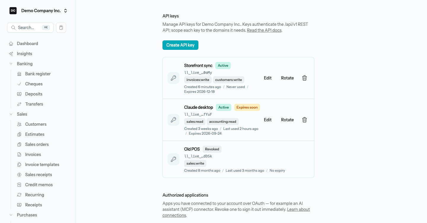 The API keys section on Settings → Security listing an Active key with scope badges, a key marked Expires soon, and a Revoked key, with Edit, Rotate, and a red trash button on each live row