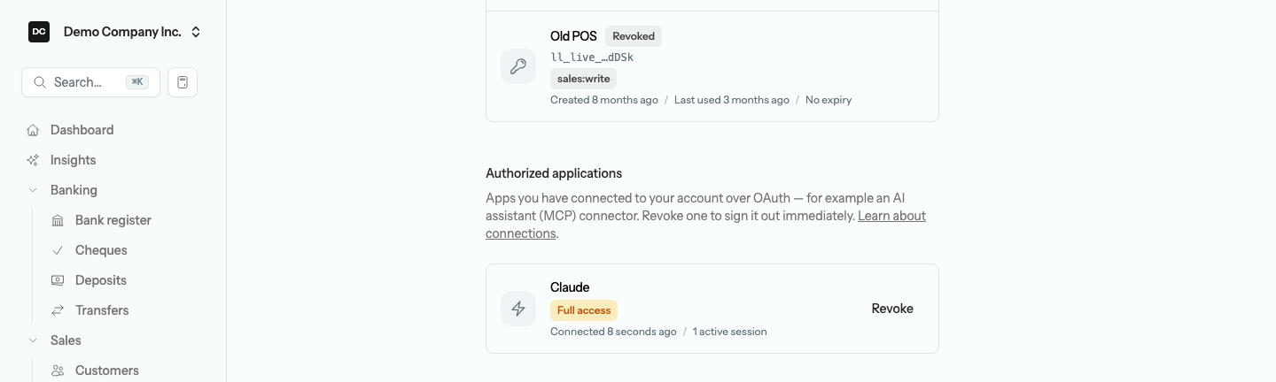 The Authorized applications section on Settings → Security listing a connected MCP client with a Full access badge, when it connected, and a Revoke button