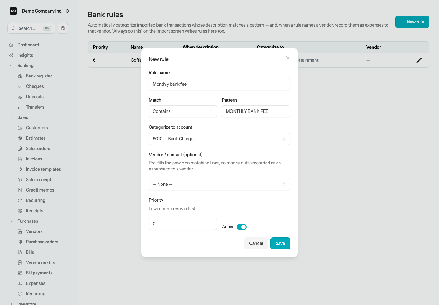 The New rule dialog with Rule name, Match, Pattern, Categorize to account, Vendor / contact (optional), Priority, and Active fields