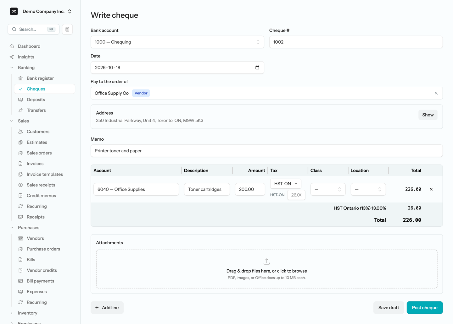 The Write cheque form with Bank account, Cheque #, Date, the Pay to the order of payee picker, the payee’s address folded to a one-line summary with a Show button, a Memo, and expense lines with Account, Description, Amount, and Tax cells