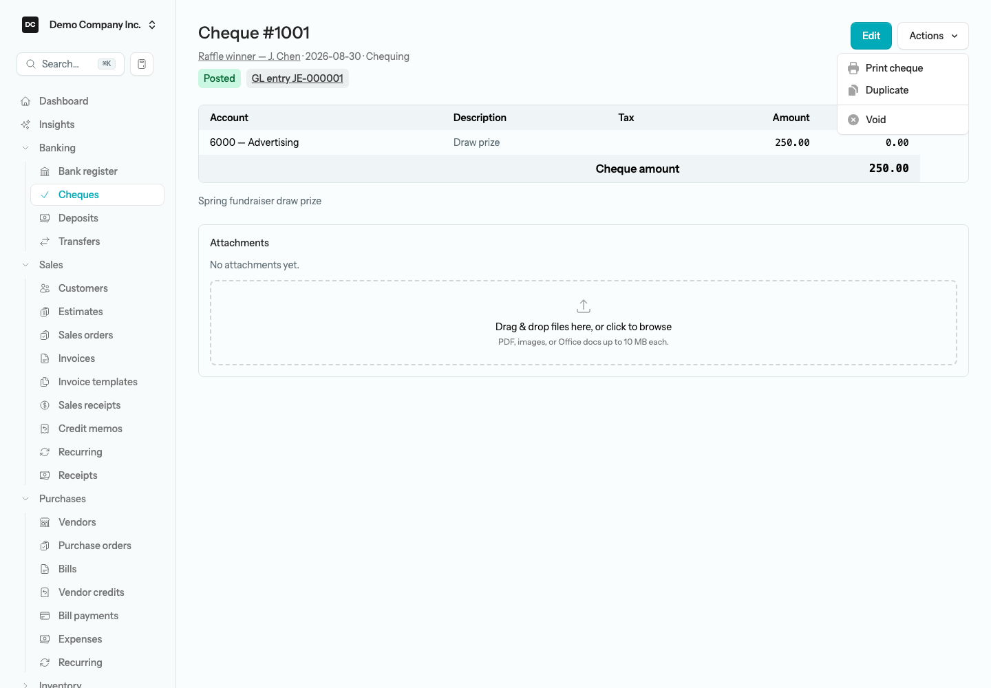 A posted cheque with its Actions menu open showing Print cheque, Duplicate, and Void