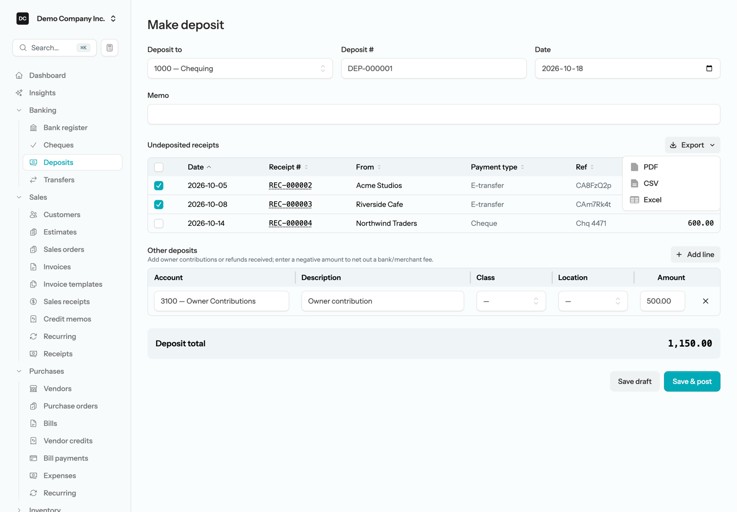 The Make deposit form with Deposit to, Deposit #, and Date fields, the Undeposited receipts table with a select-all checkbox and sortable Date, Receipt #, From, Payment type, Ref, and Amount columns, and the Export menu open showing PDF, CSV, and Excel