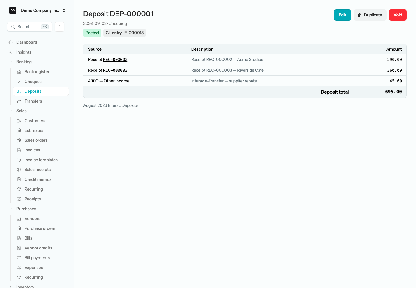 A posted deposit page showing its lines and the Edit, Duplicate, and Void buttons in the header