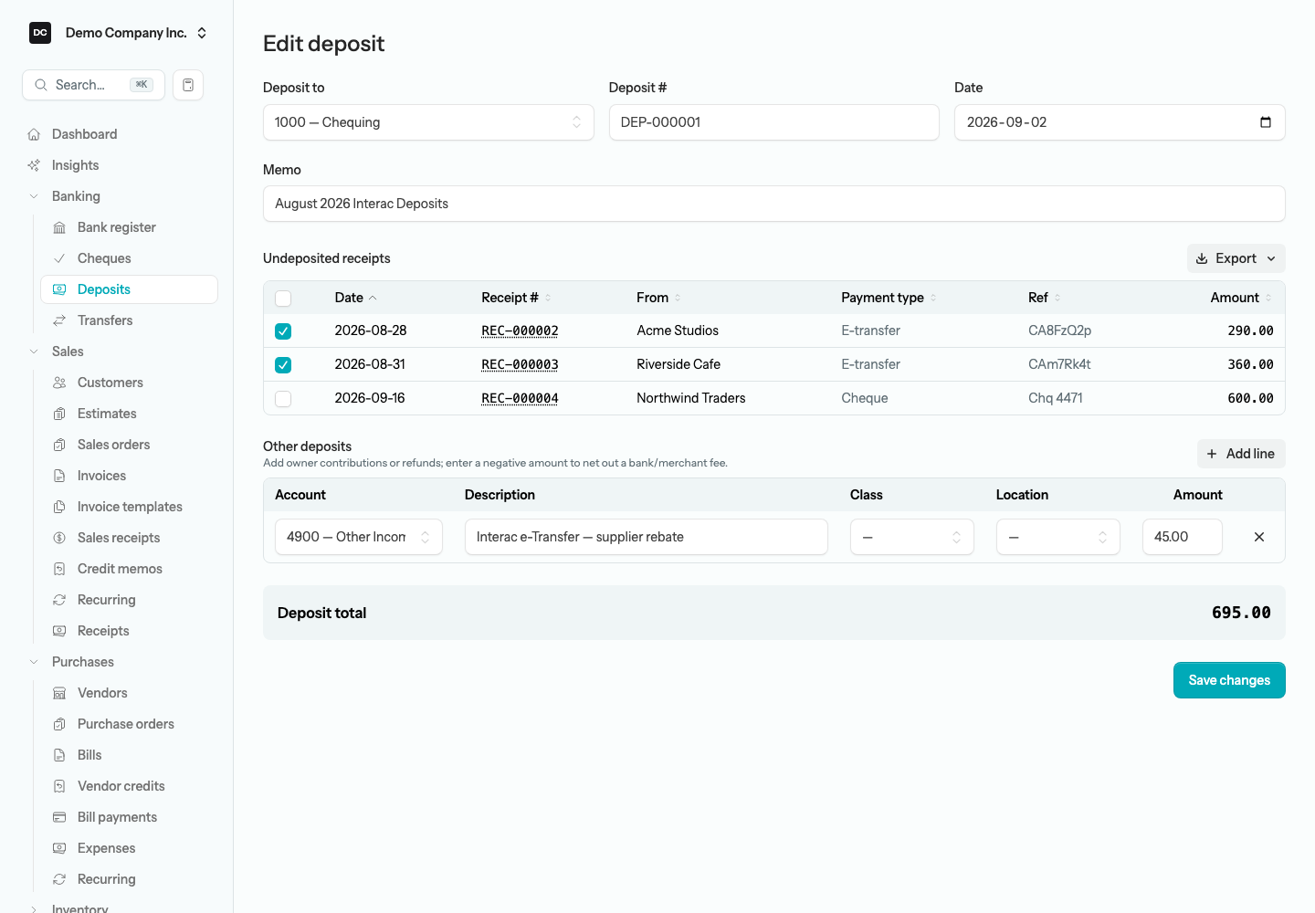 A posted deposit reopened in the Edit deposit form, with its own receipts ticked in the Undeposited receipts table and a Save changes button