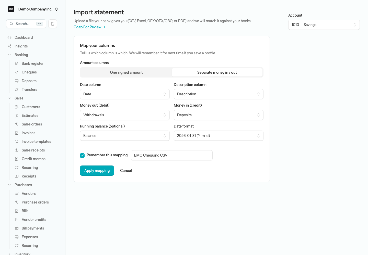 The column-mapping step with the Amount columns switch, selectors for the date, description, and amount columns, a Date format picker, and the Remember this mapping checkbox