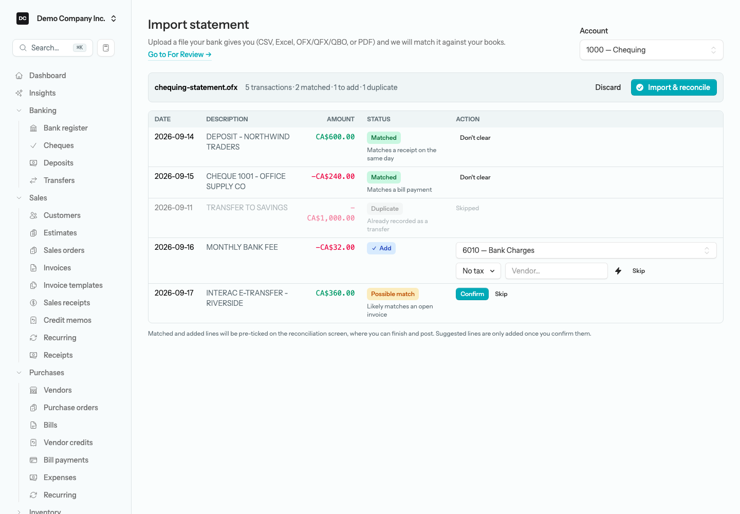 The import review table showing statement lines with Matched, Add, Possible match, and Duplicate badges, a category picked in the Add to… selector, and the Import & reconcile button