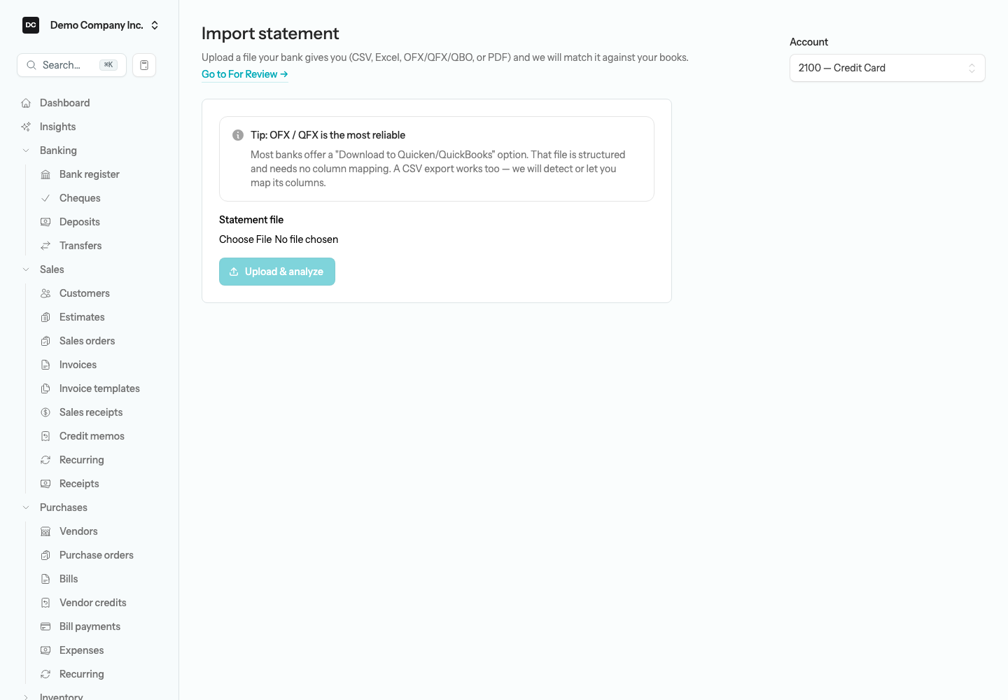 The Import statement page with the Account selector, a Go to For Review link, the statement file picker, and the Upload & analyze button