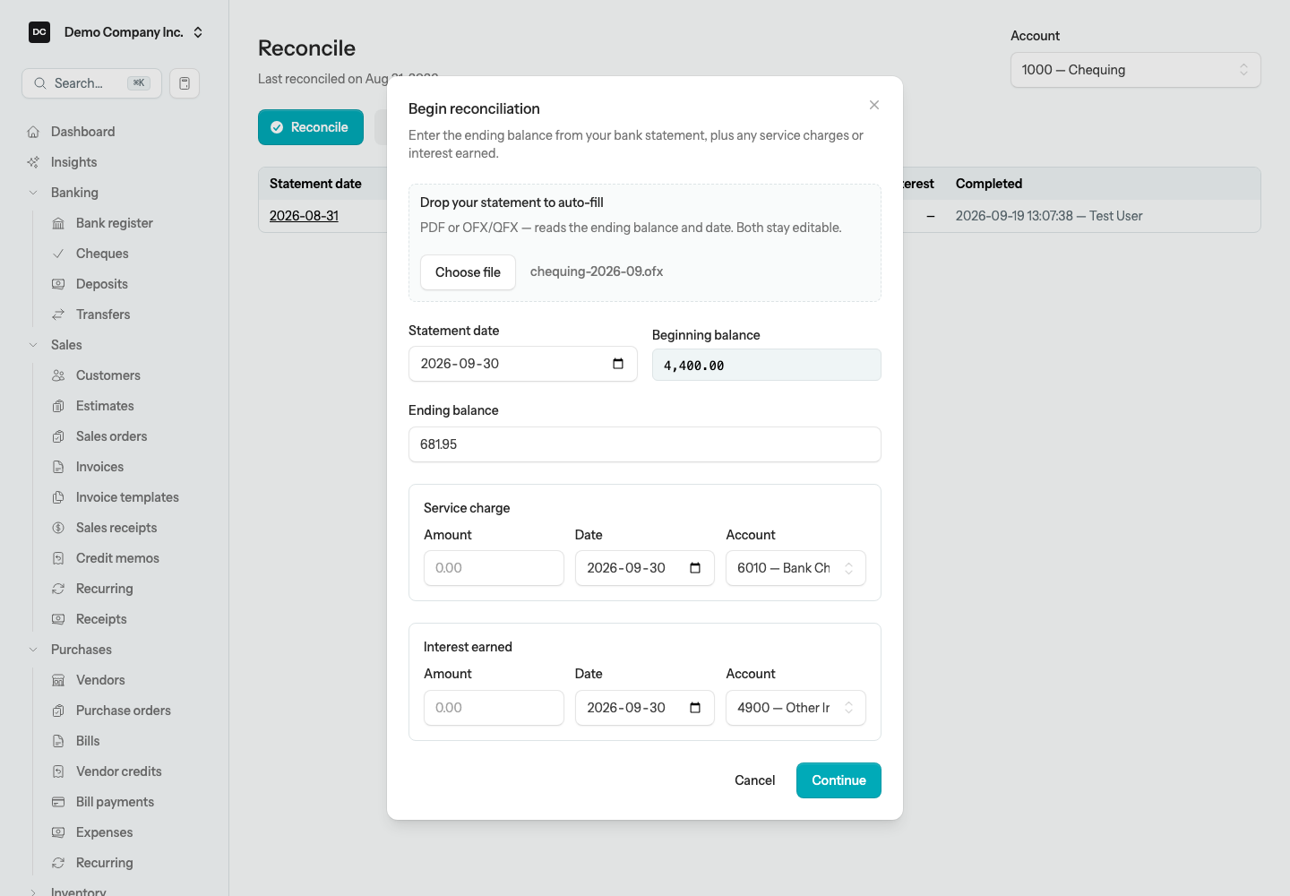 The Begin reconciliation dialog with the Drop your statement to auto-fill file input, Statement date, Beginning balance, Ending balance, and the Service charge and Interest earned boxes