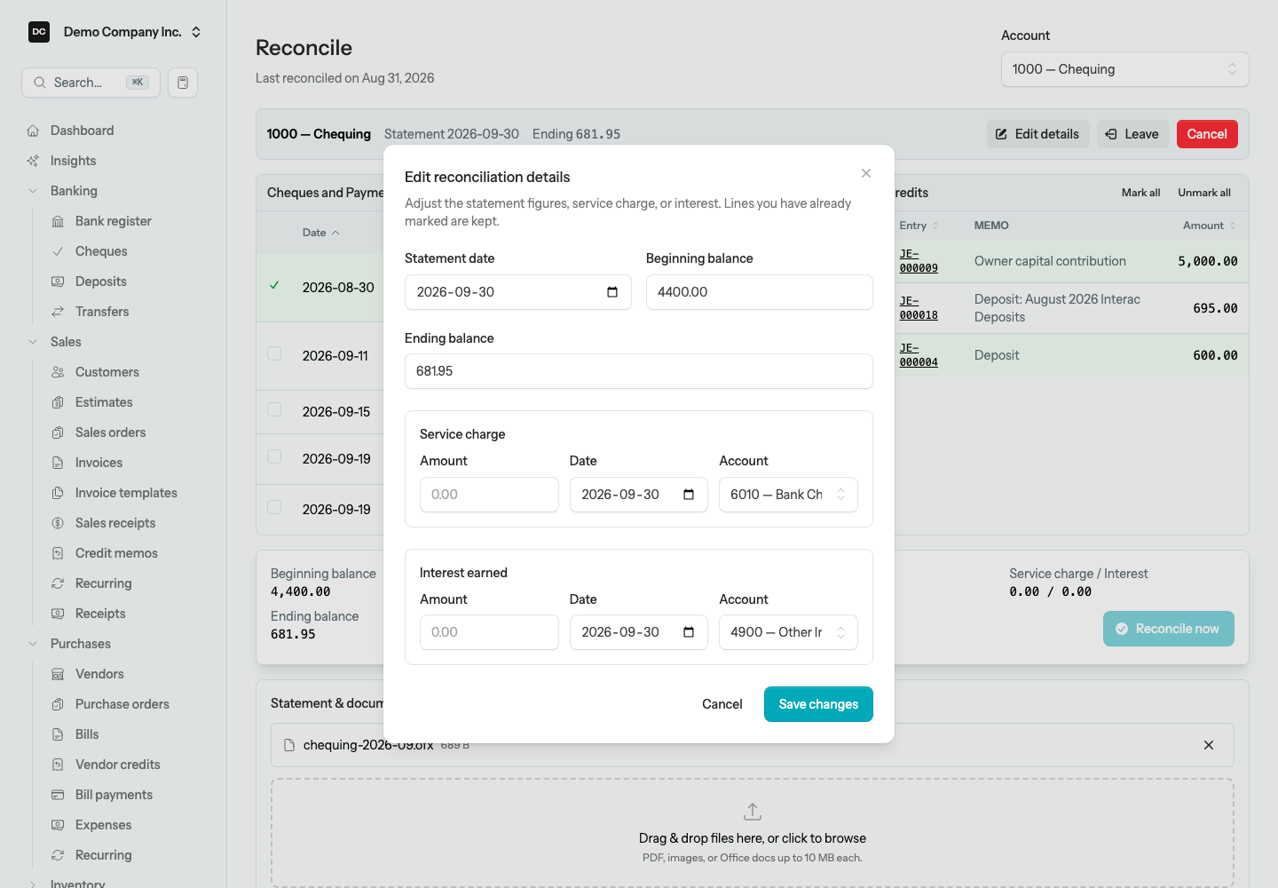 The Edit reconciliation details dialog over an in-progress reconciliation, with Statement date, Beginning balance, Ending balance, Service charge, and Interest earned fields