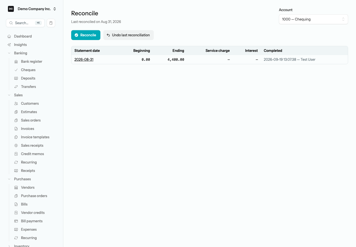 The Reconcile screen for the Chequing account listing past reconciliations with their statement dates, beginning and ending balances, and who completed them, with Reconcile and Undo last reconciliation buttons