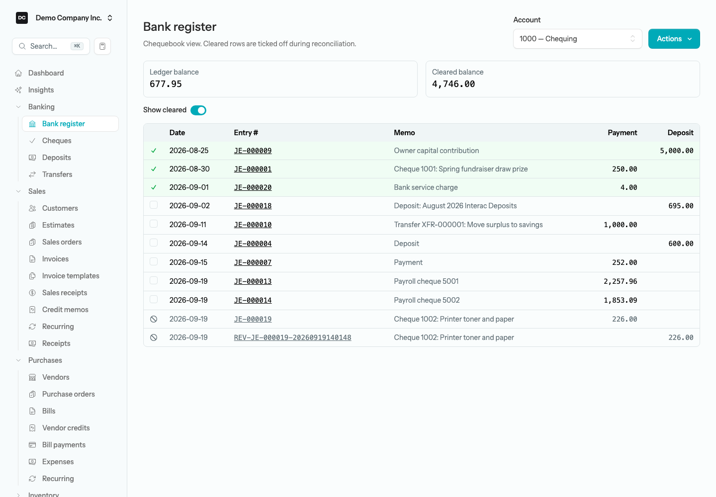 The bank register for the Chequing account: Ledger balance and Cleared balance tiles, a Show cleared switch, and rows with a green tick for cleared lines and a void mark on a voided cheque