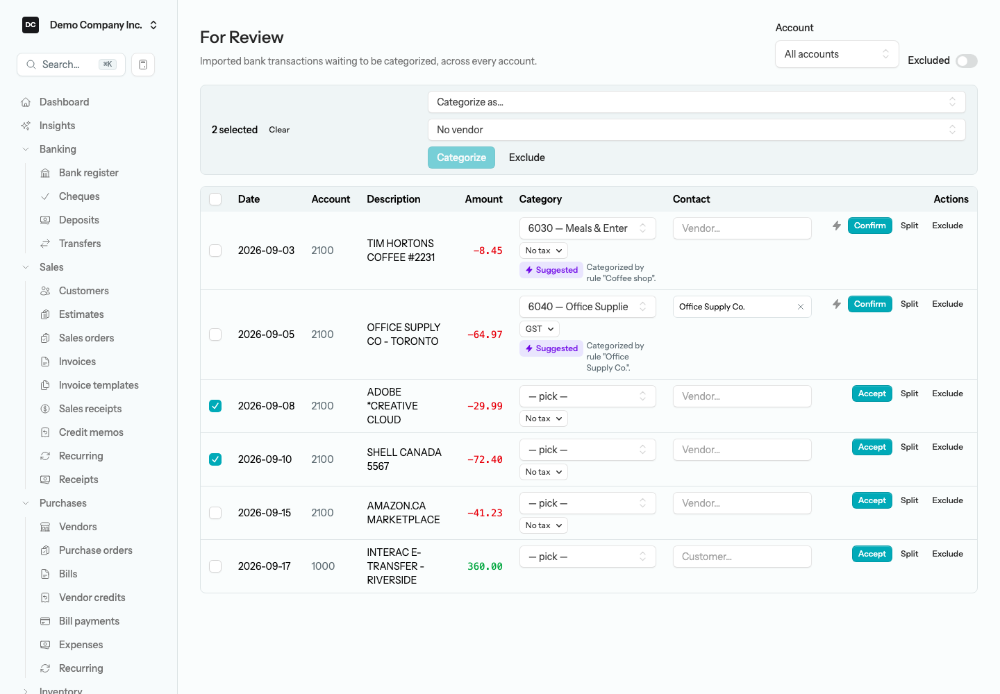 The For Review feed listing imported transactions with a Suggested badge, category and contact selectors, and Confirm, Split, and Exclude buttons