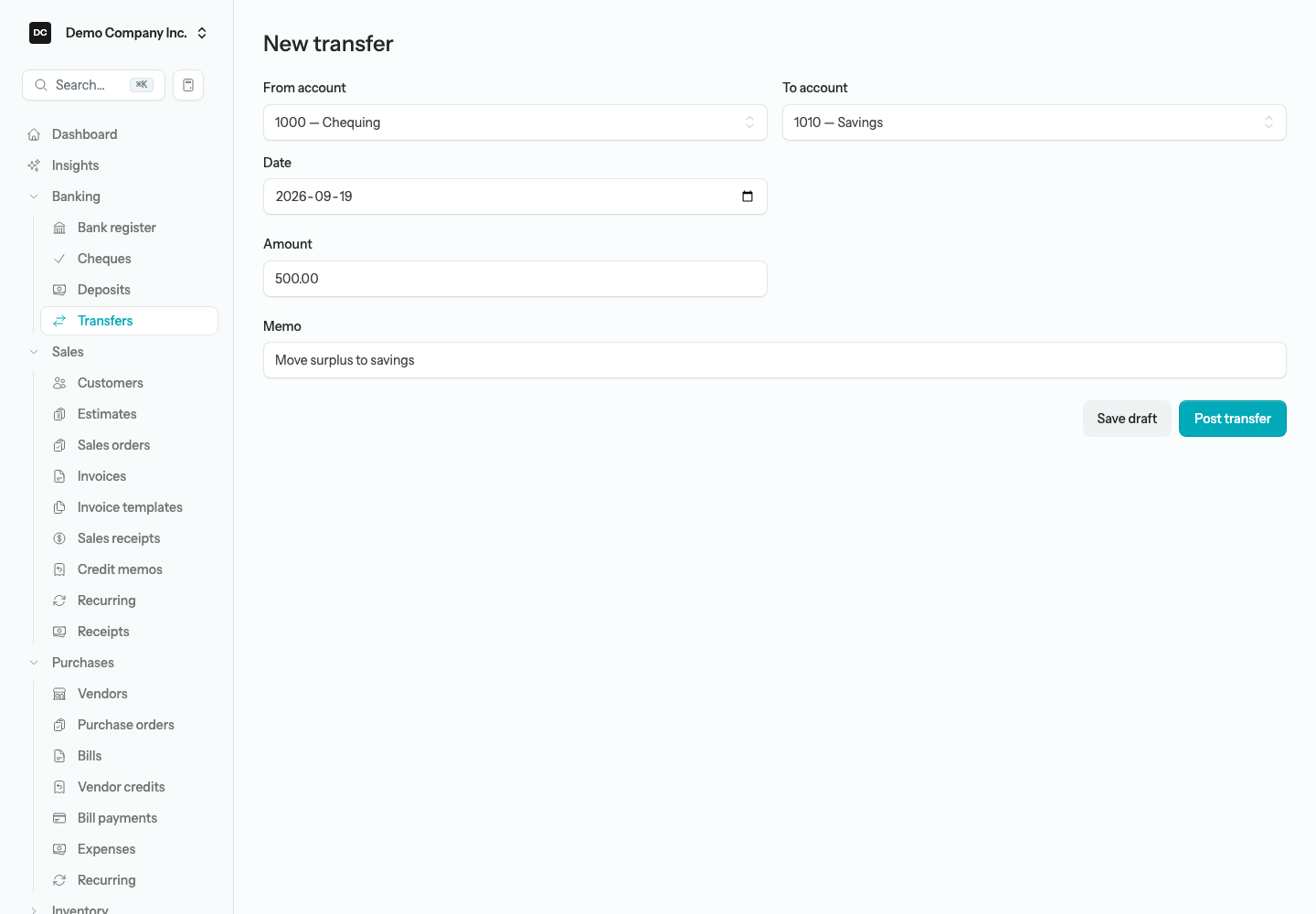 The New transfer form with From account, To account, Date, Amount, and Memo fields