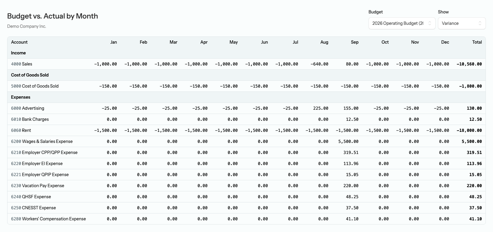 The Budget vs. Actual by Month report showing a twelve-month grid grouped by income-statement section, with the Budget selector and the Show selector set to Variance