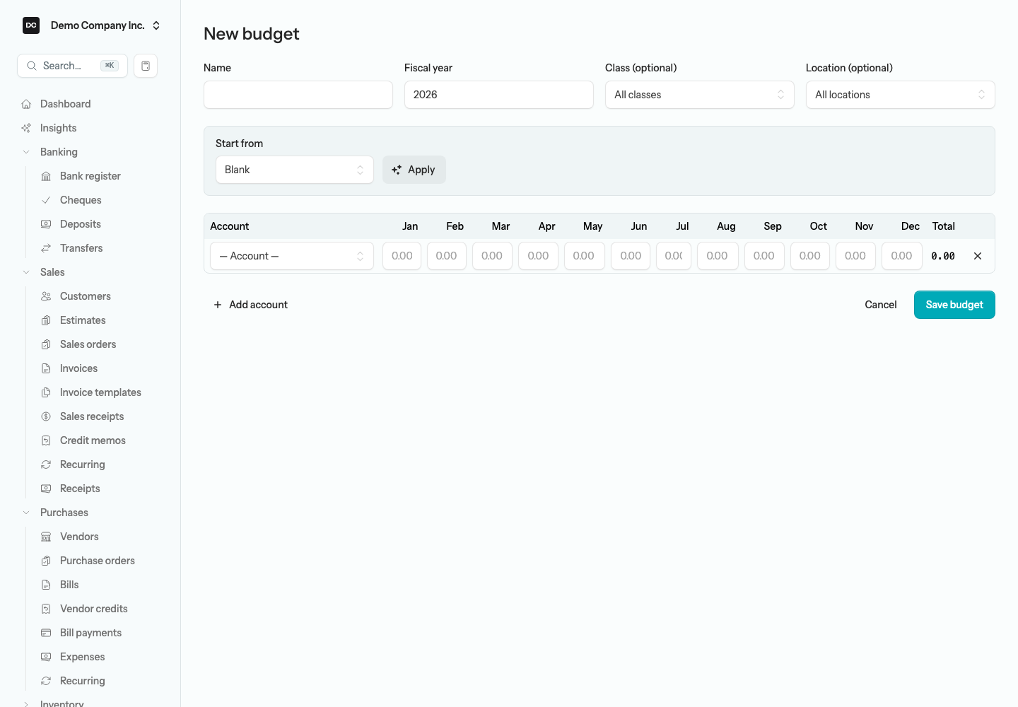 The New budget form with Name, Fiscal year, Class, and Location fields, the Start from box, and a twelve-month grid with one row per account