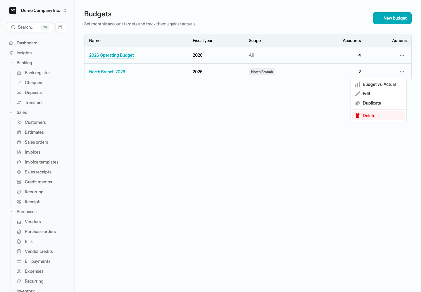 The Budgets list showing each saved budget with its name, fiscal year, scope, and account count, with a row’s Actions menu open