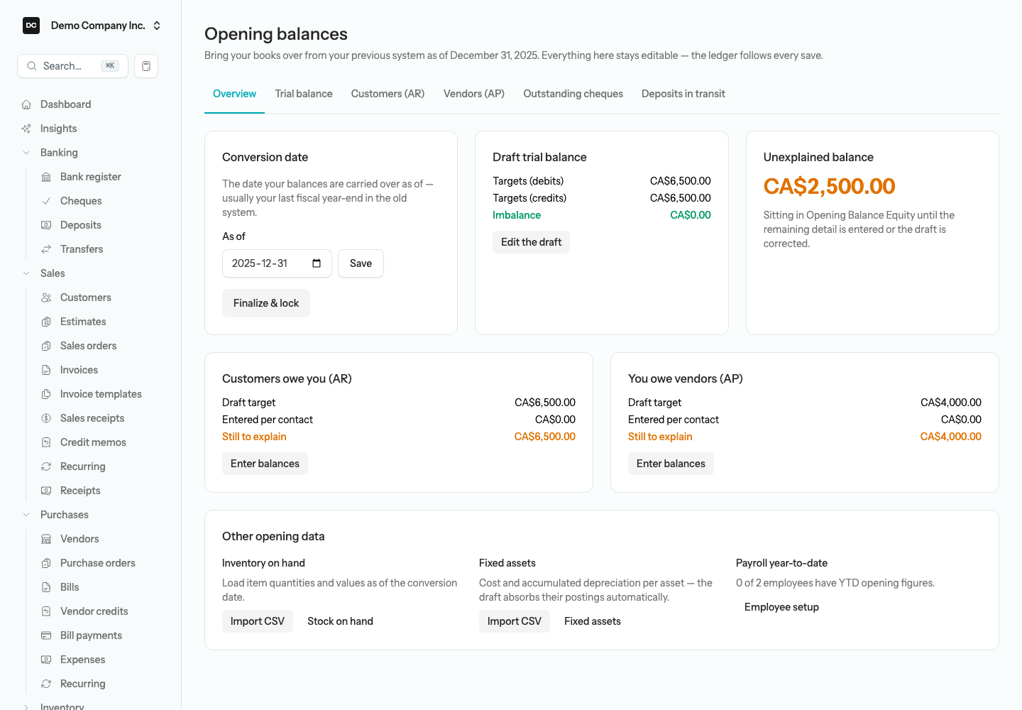 The Opening balances Overview tab showing the Conversion date card with the Finalize & lock button, the Draft trial balance summary, the Unexplained balance card, and the Customers owe you and You owe vendors cards