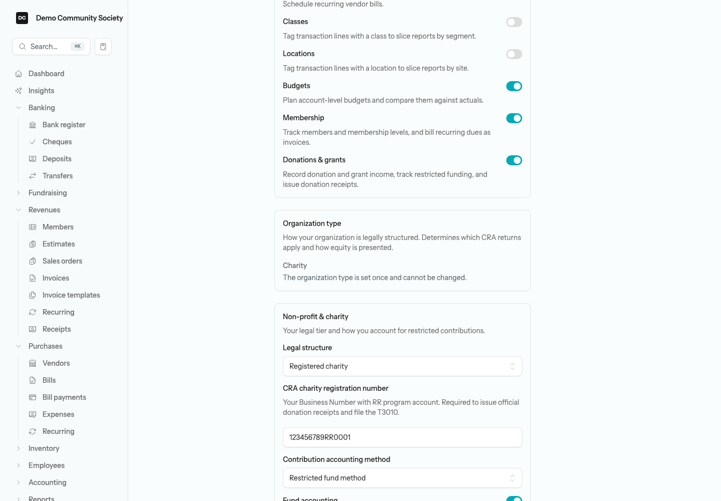 The Organization type card on the Settings → Organizations edit page showing the type as read-only text with the note that it is set once and cannot be changed