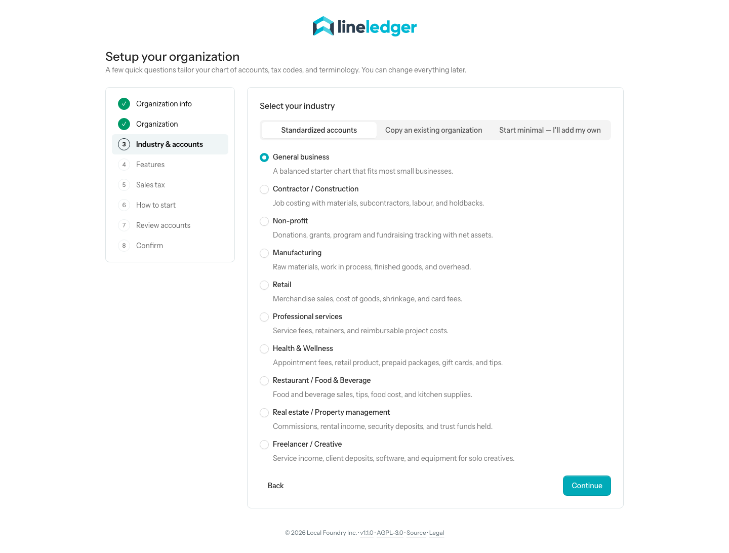 Step 3 of the setup wizard, choosing standardized accounts and an industry