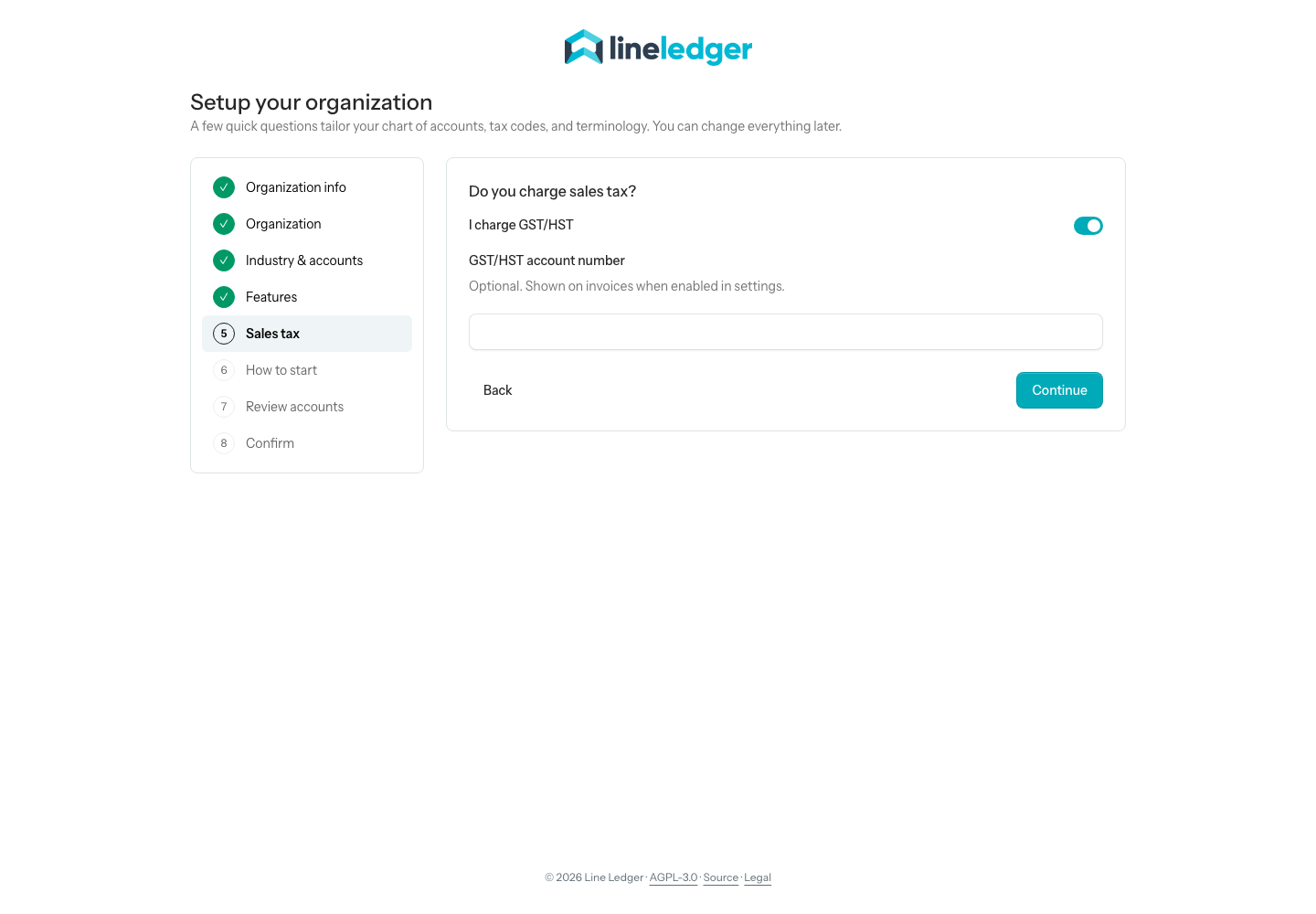 Step 5 of the setup wizard, the sales tax toggle