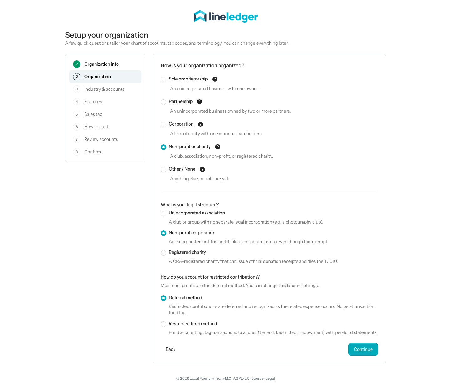 Step 2 of the wizard with Non-profit or charity selected, showing the What is your legal structure? choices with Non-profit corporation picked and the How do you account for restricted contributions? question below