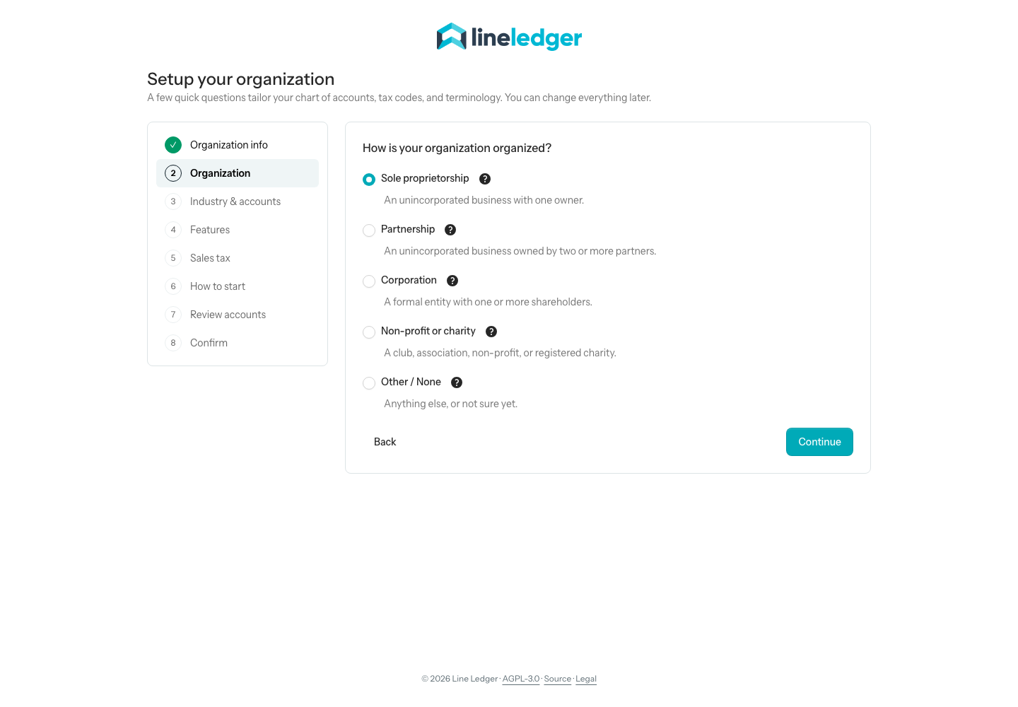 Step 2 of the setup wizard, choosing the organization type