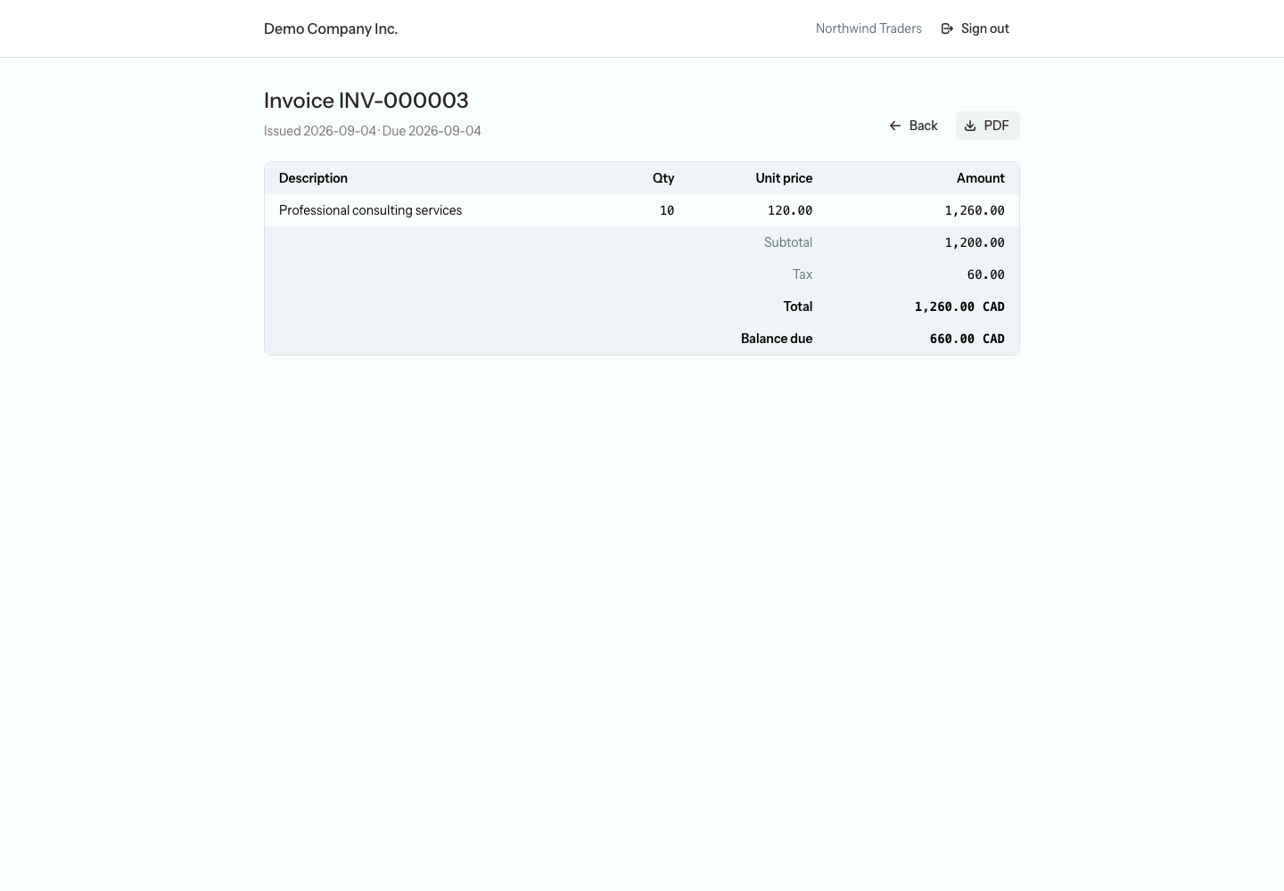 A single invoice in the portal showing its number, Issued and Due dates, the line-item table, Subtotal, Tax, Total, and Balance due, with Back and PDF buttons