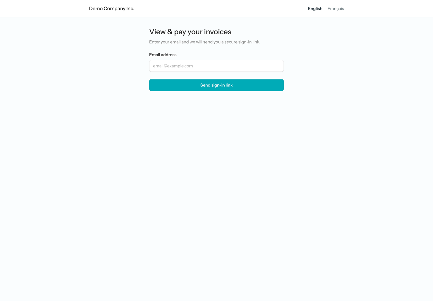 The customer portal sign-in screen, headed “View & pay your invoices”, with an Email address field and a Send sign-in link button, the organization’s name at the top left and the English · Français switcher at the top right