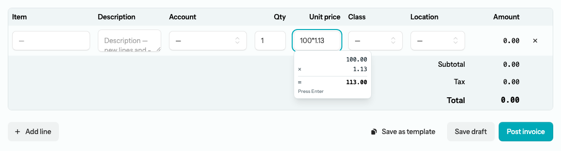 A unit price field showing the in-place calculator tape for a multiplication, with each operation listed