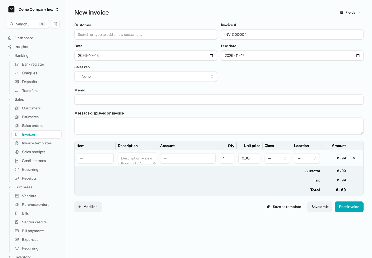 The New invoice form showing the customer, dates, and a line-item grid