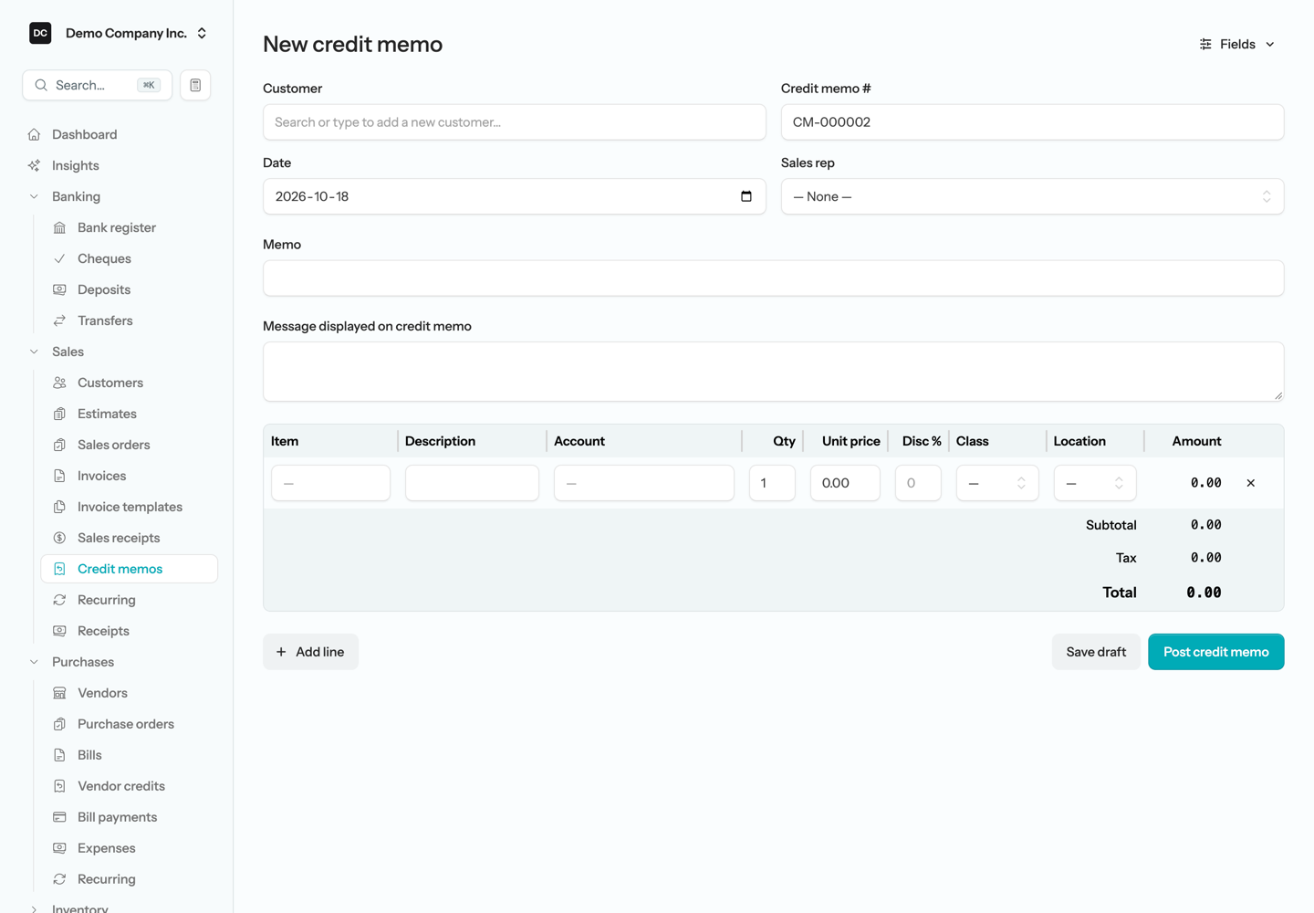 The New credit memo form, which mirrors the invoice form