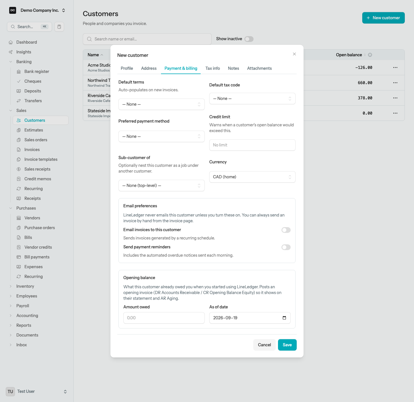 The Payment & billing tab with default terms, tax code, preferred payment method, credit limit, Sub-customer of, the Email preferences switches, and the Opening balance box