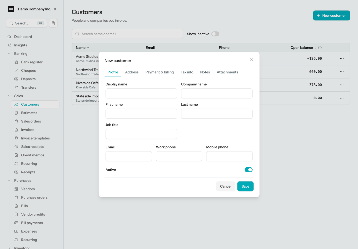 The New customer dialog on its Profile tab, with the Profile, Address, Payment & billing, Tax info, Notes, and Attachments tabs across the top