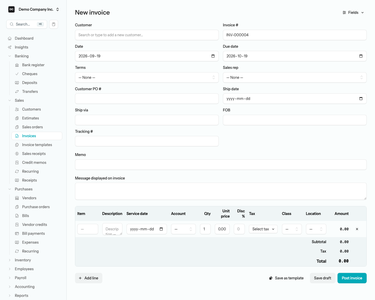 An invoice form with the optional fields enabled — sales rep, customer PO, ship date, ship via, FOB, tracking no, and a per-line discount column