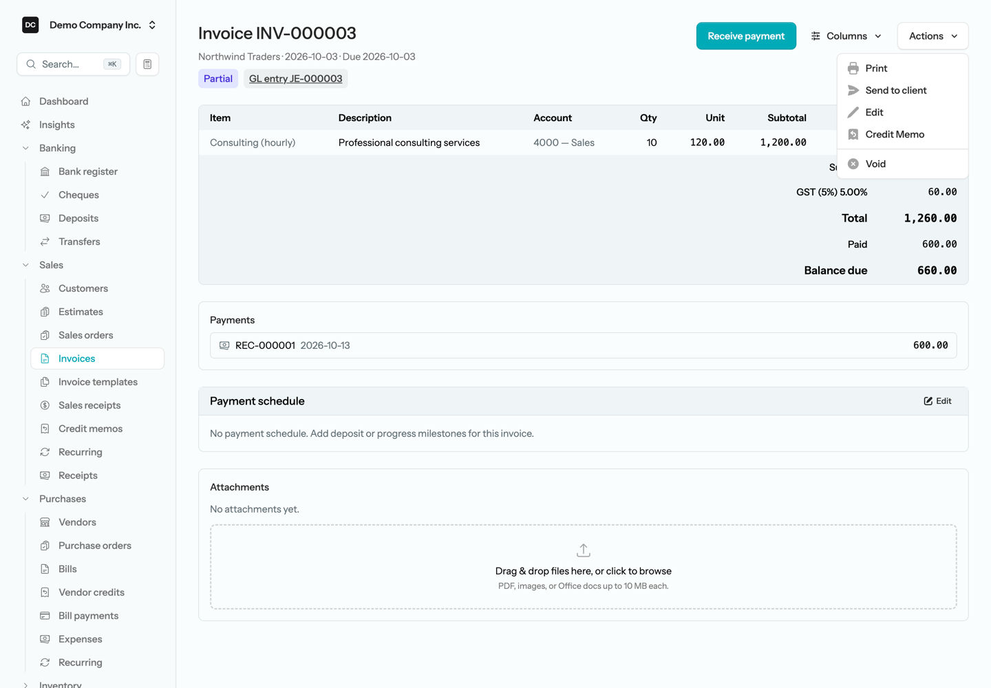A partly paid invoice showing its Partial status, GL entry link, line items, its Payments list with Paid and Balance due, and the Actions menu open with Print, Send to client, Edit, Credit Memo, and Void