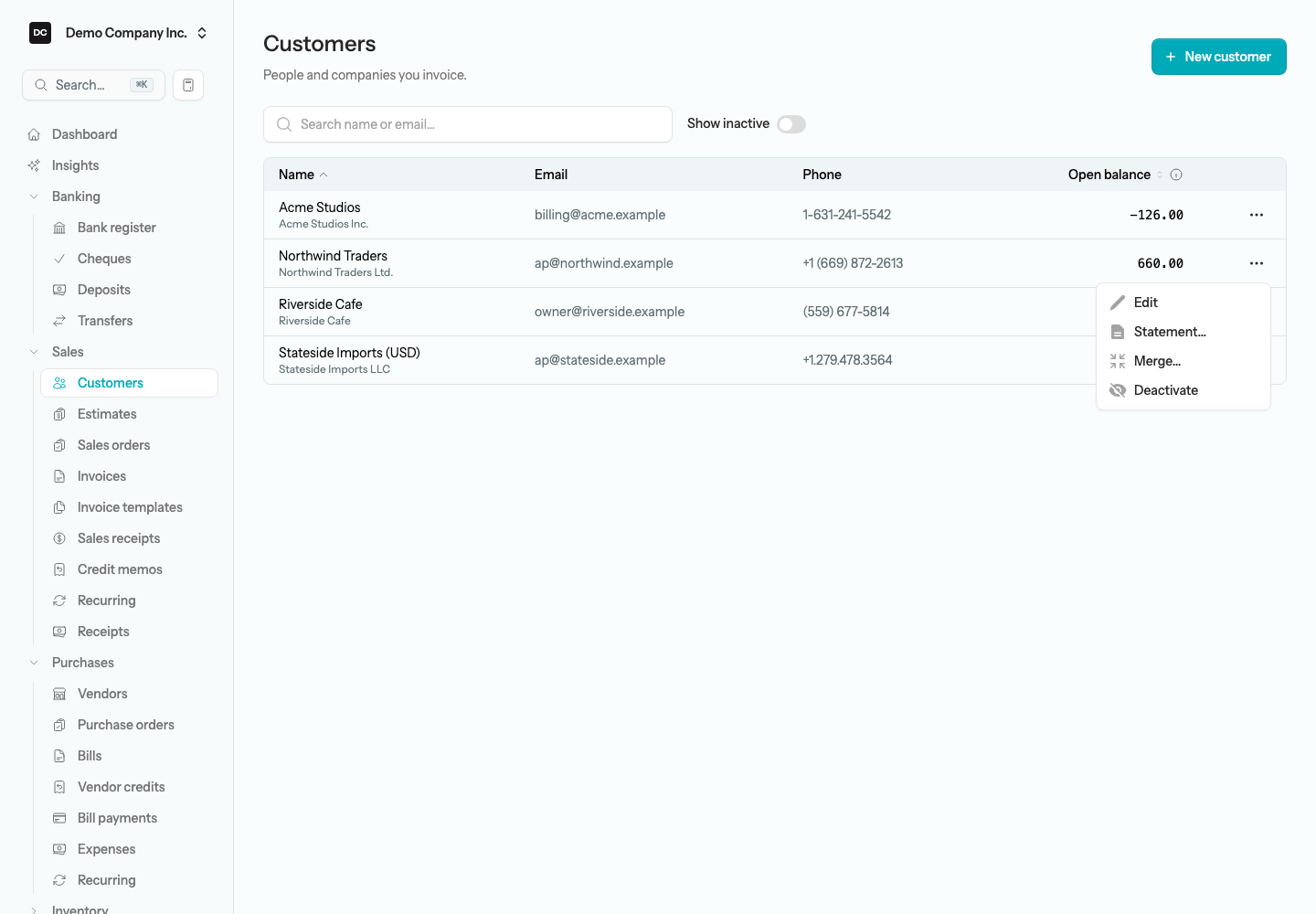 The Customers list showing four customers, their open balances, and a row menu open with Edit, Statement…, Merge…, and Deactivate
