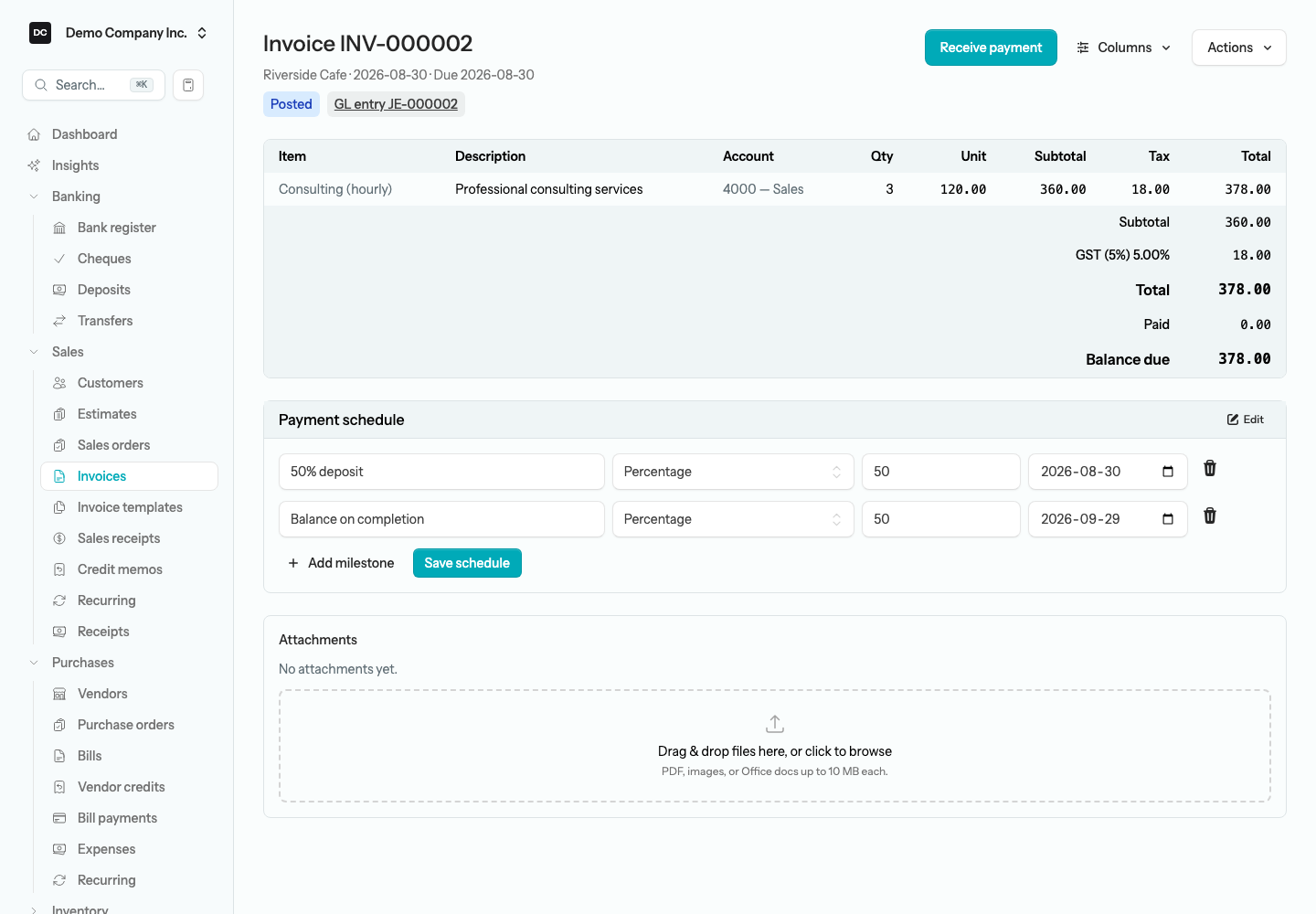 The Payment schedule panel in edit mode with milestone rows for a deposit and a balance
