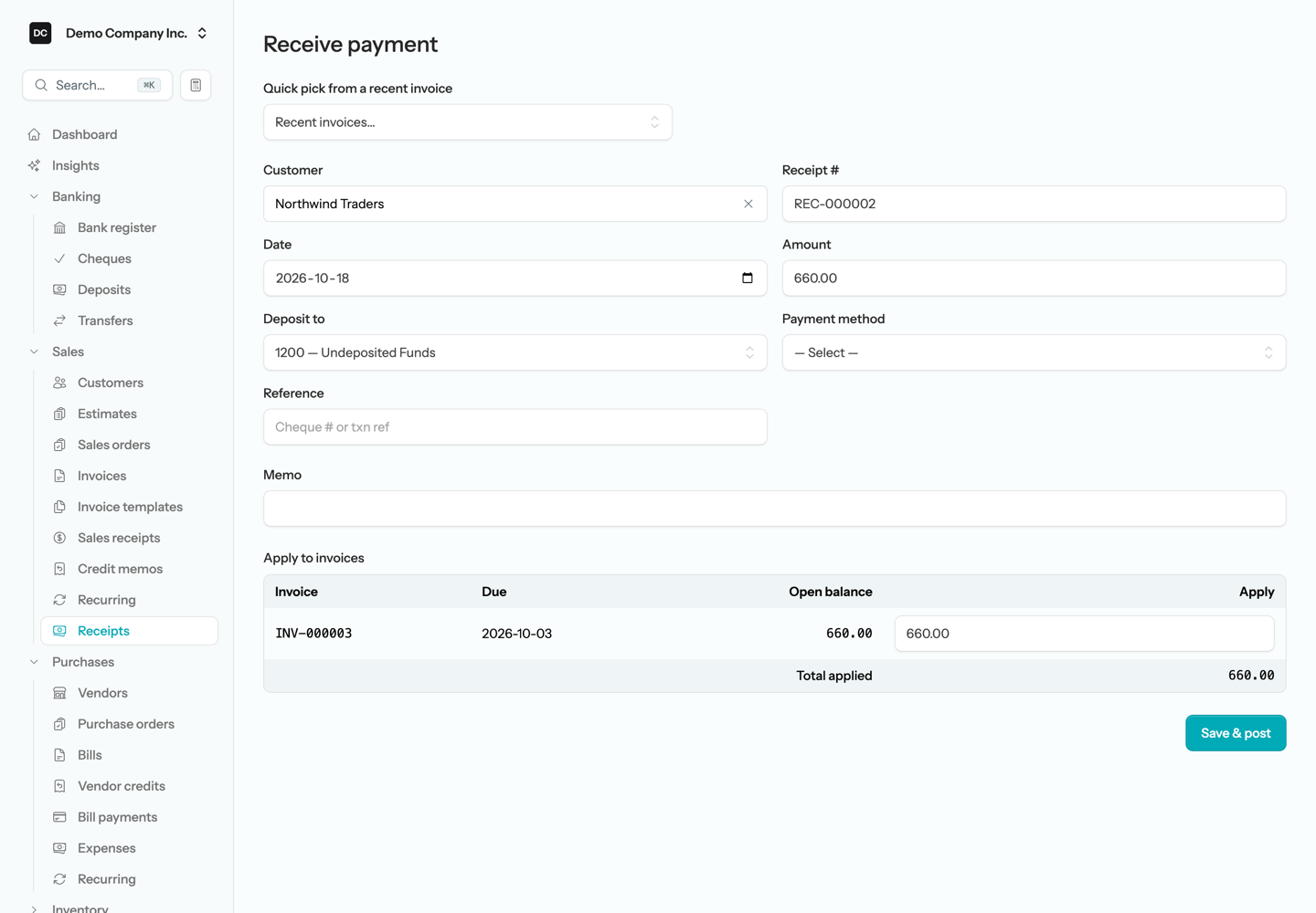 The Receive payment form with customer, amount, deposit-to account, and the open invoices table with an Apply column